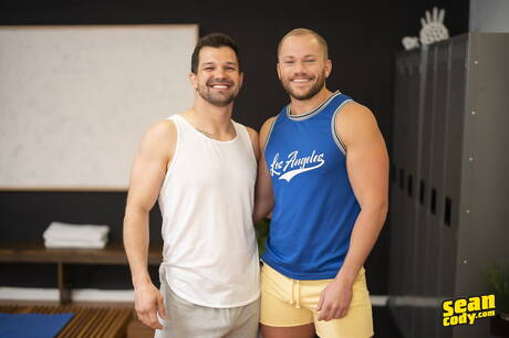 Two american dudes strongman Brysen and husky guy River North posing naked and showing tight butt