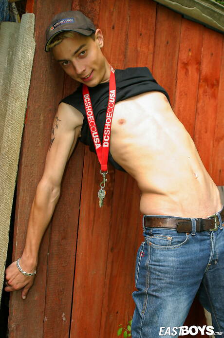 Pretty boy Volodej teasing his cock outdoor