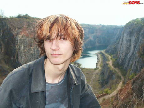 Young boy Samek playing with cock outdoor