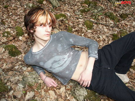 Young boy Samek playing with cock outdoor