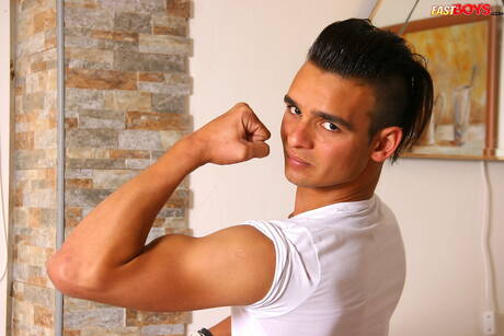 Samuel Riberio, un husky, pose nu en extérieur